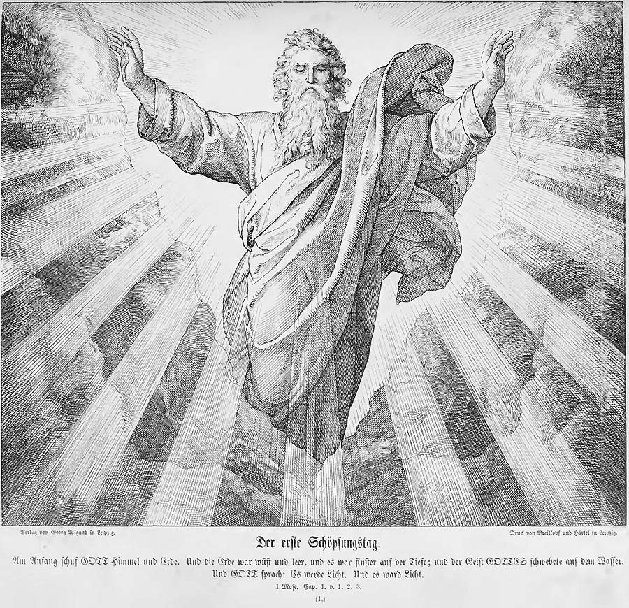 Die Illustration vom ersten Schöpfungstag zeigt den Allmächtigen im Beginn seines Werkes; von ihm geht alles aus, alles ist in seiner Hand.
