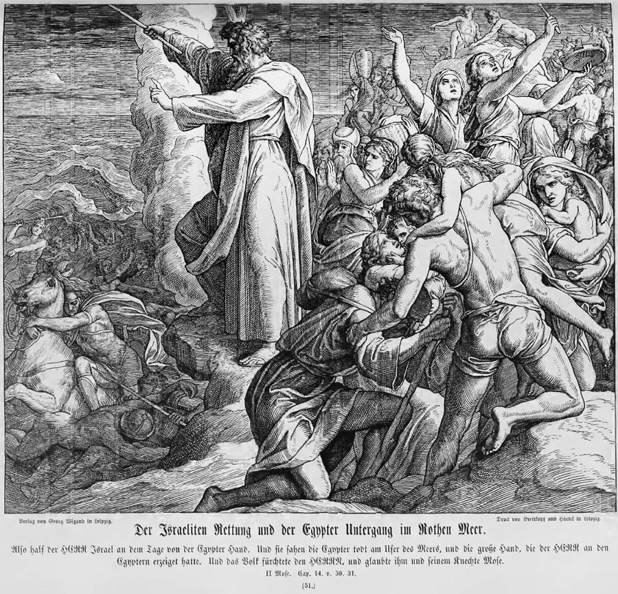 Beherrschende Figur in der Bildmitte ist Mose, der am Ufer steht und mit seinem Stab dem Roten Meer gebiete: Es fließt wieder zusammen und reißt das Heer der Ägypter in die Tiefe. Die rechte Bildhälfte zeigt in einer für die Bilderbibel ungewohnt dramatischen WEise, wie sich die Knapp dem Verderben entronnenen Juden aufs Ufer flüchtenund betend die Hände zum Herrn erheben.